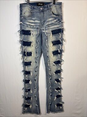 GUAPI Men's Stacked Flare Distressed Patchwork Detail Jeans size 30